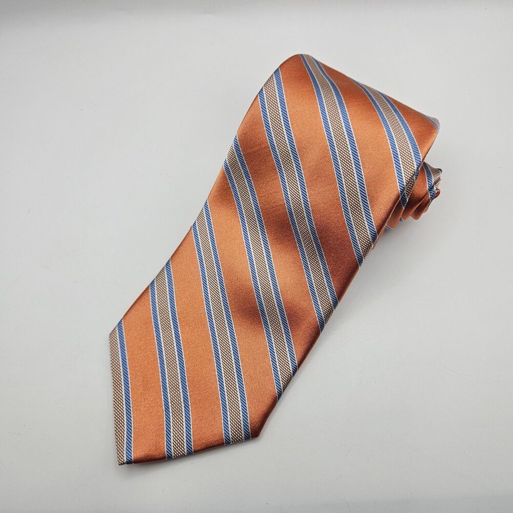 Brooks Brothers Makers 100%‎ Silk Orange Blue Gold Stripe Tie 59.5x3. 25"